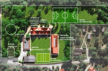 Plan obiektu Azalia ze wszystkimi budynkami i atrakcjami